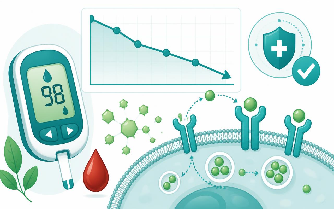 Illustration of glucose molecules, insulin receptors and a downward blood sugar trend line