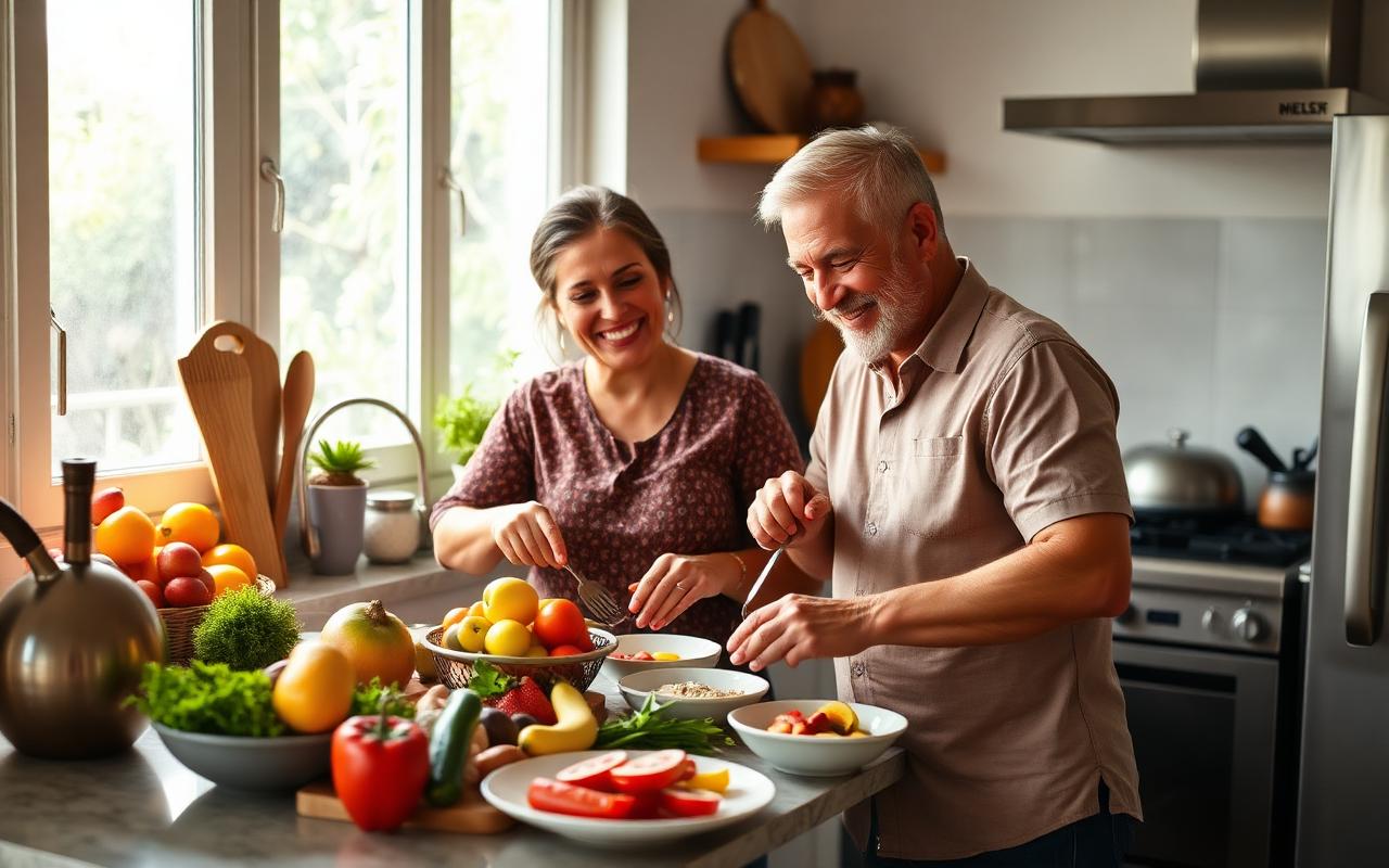 Couple in Mexico preparing a balanced breakfast while using a blood sugar support supplement